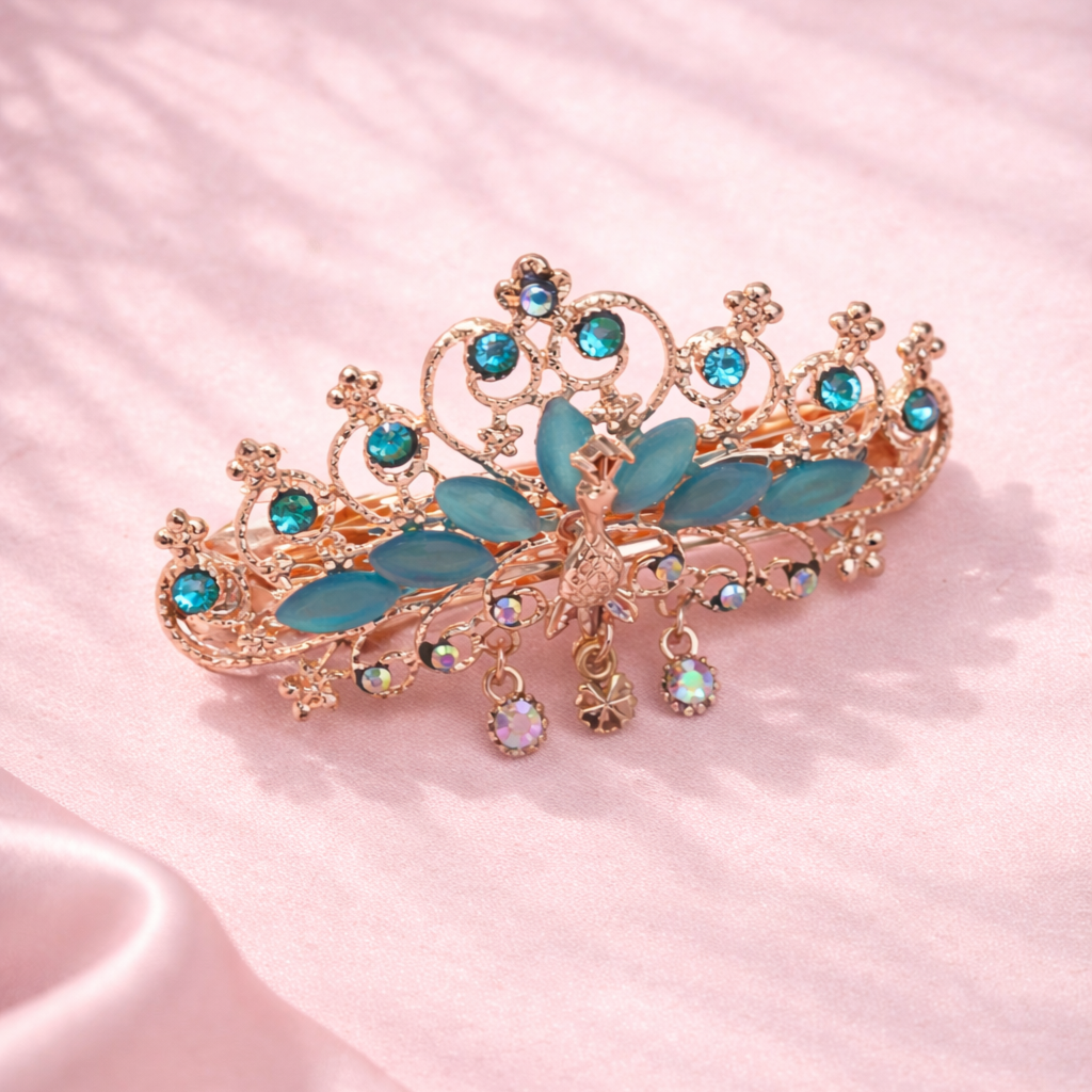 Vintage spona do vlasů s motivem páva a francouzským zapínáním - modrá1